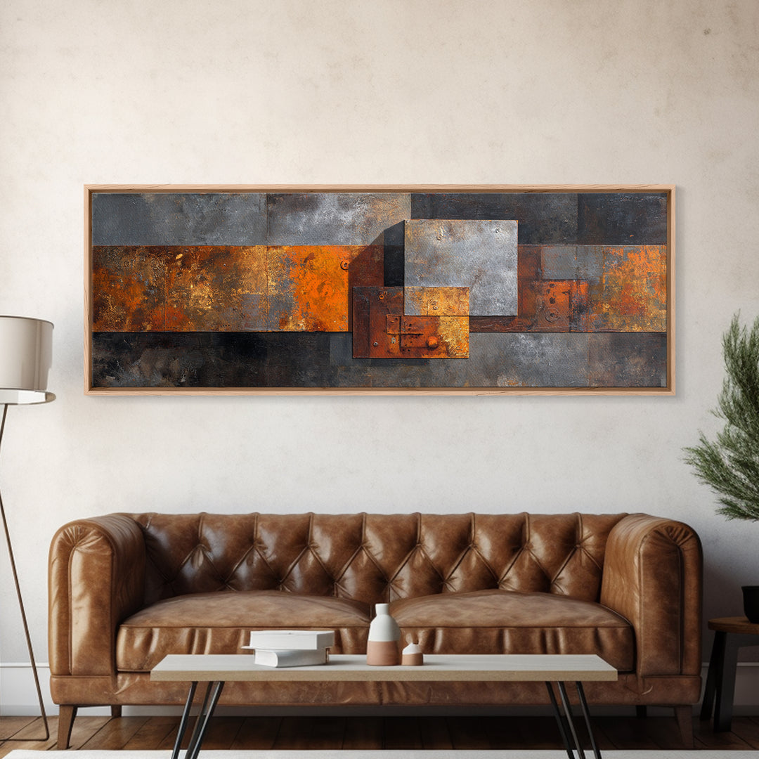 Rust Orange and Charcoal Geometric Abstraction Canvas Print, Industrial Art, Abstract Art, Living Room Decor, Fine Art, Foundry, IND-3x1-78