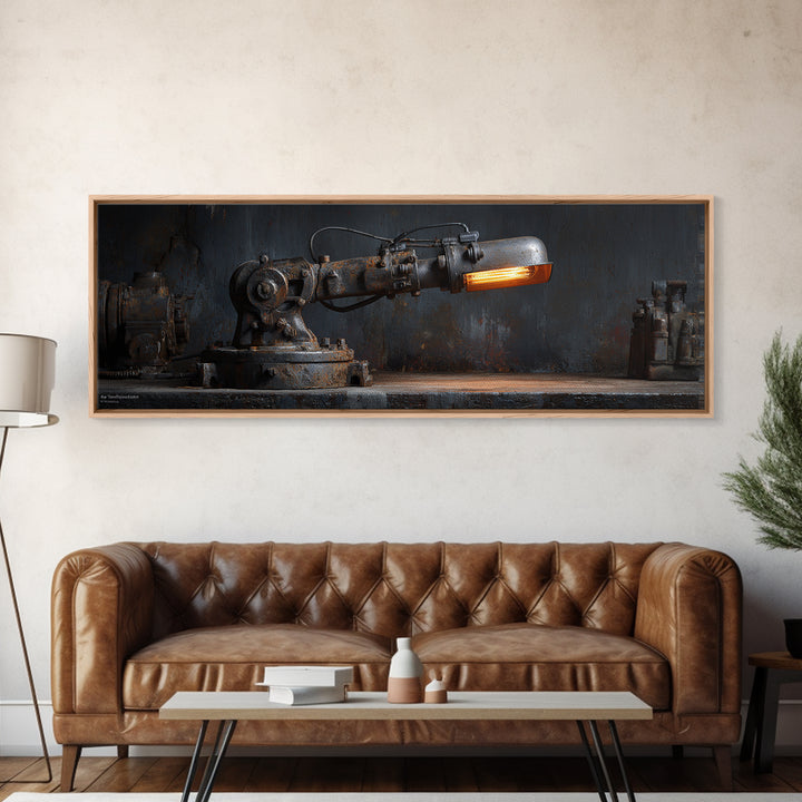 Industrial Lamp with Warm Glow Framed Canvas Print, Industrial Art, Textured Wall Art, Living Room Decor, Fine Art, Foundry, IND-3x1-87