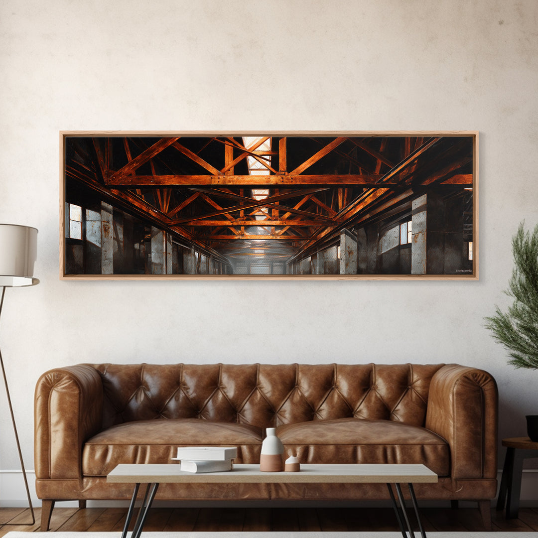 Steel Bridge Truss Canvas Print, Industrial Art, Abstract Wall Art, Living Room Decor, Fine Art, Foundry, Black and White Art, IND-3x1-91