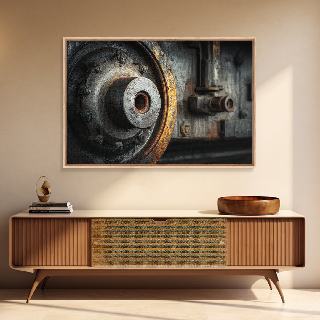 Steam Locomotive Wheel Closeup Framed Canvas Print, Industrial Art, Living Room Art, Living Room Decor, Fine Art, Foundry, IND-3x2-10