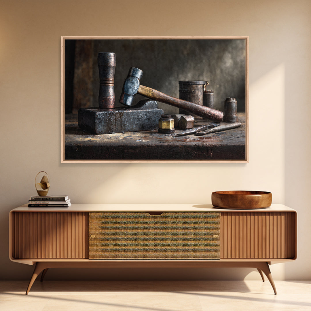 Blacksmith Tools on Dark Workbench Framed Canvas Print, Industrial Art, Metal Art, Living Room Decor, Fine Art, Foundry, IND-3x2-14