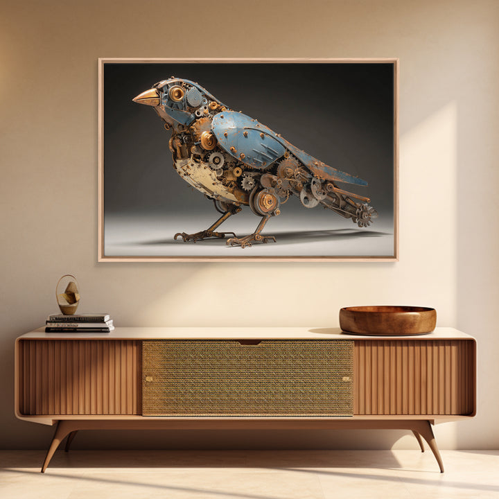 Mechanical Bird Made from Gears Framed Canvas Print, Industrial Art, Luxury Decor, Living Room Decor, Fine Art, Foundry, IND-3x2-23