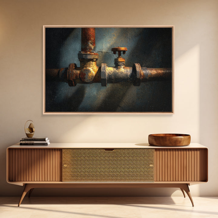 Metal Pipes and Valves as Graphic Composition Framed Canvas Print, Industrial Art, Luxury Decor, Living Room Decor, Foundry, IND-3x2-36