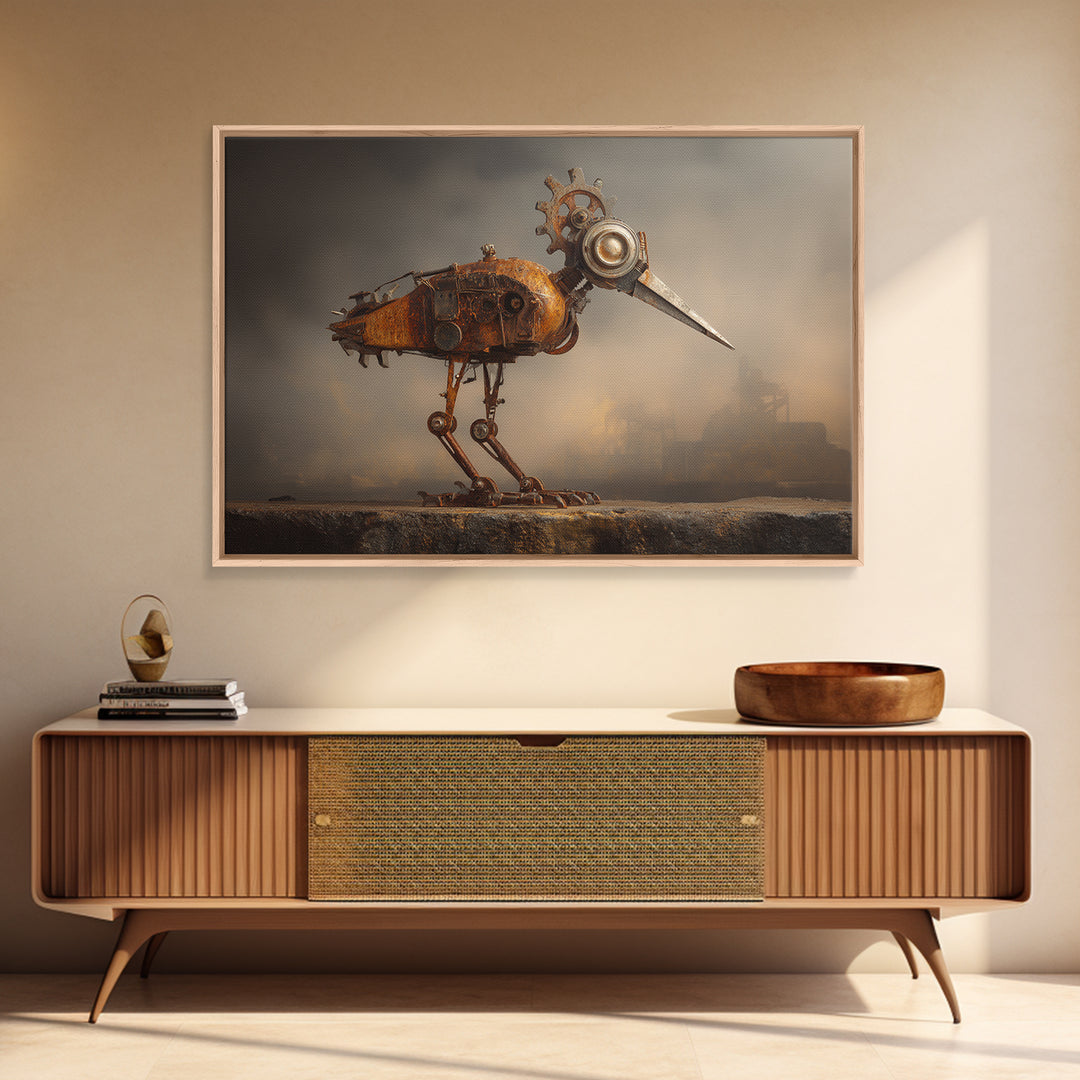 Mechanical Bird Made from Gears Framed Canvas Print, Industrial Art, Metal Art, Living Room Decor, Oil Painting, Foundry, IND-3x2-47