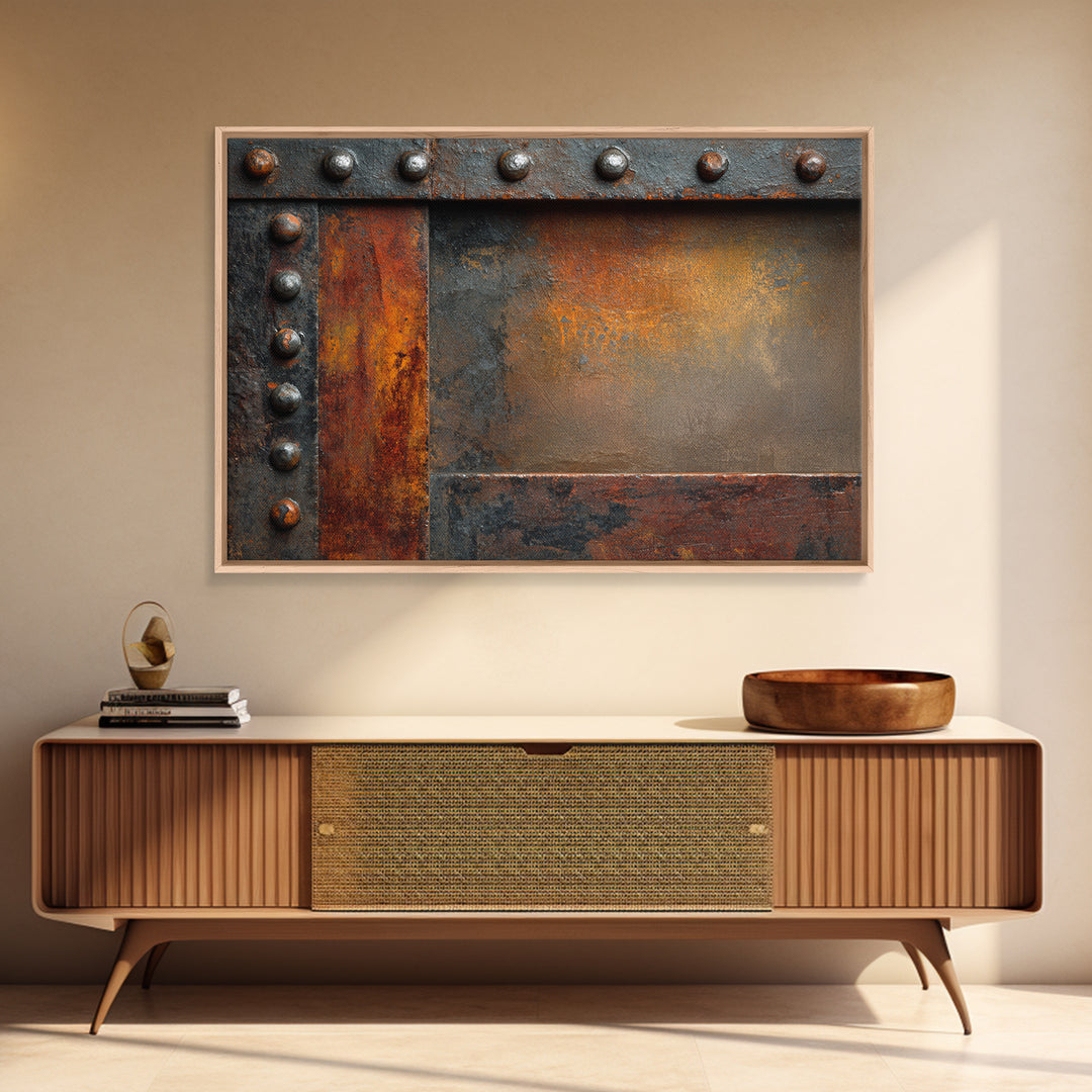 Riveted Metal Panel Texture Study Framed Canvas Print, Industrial Art, Living Room Decor, Oil Painting, Foundry, IND-3x2-50