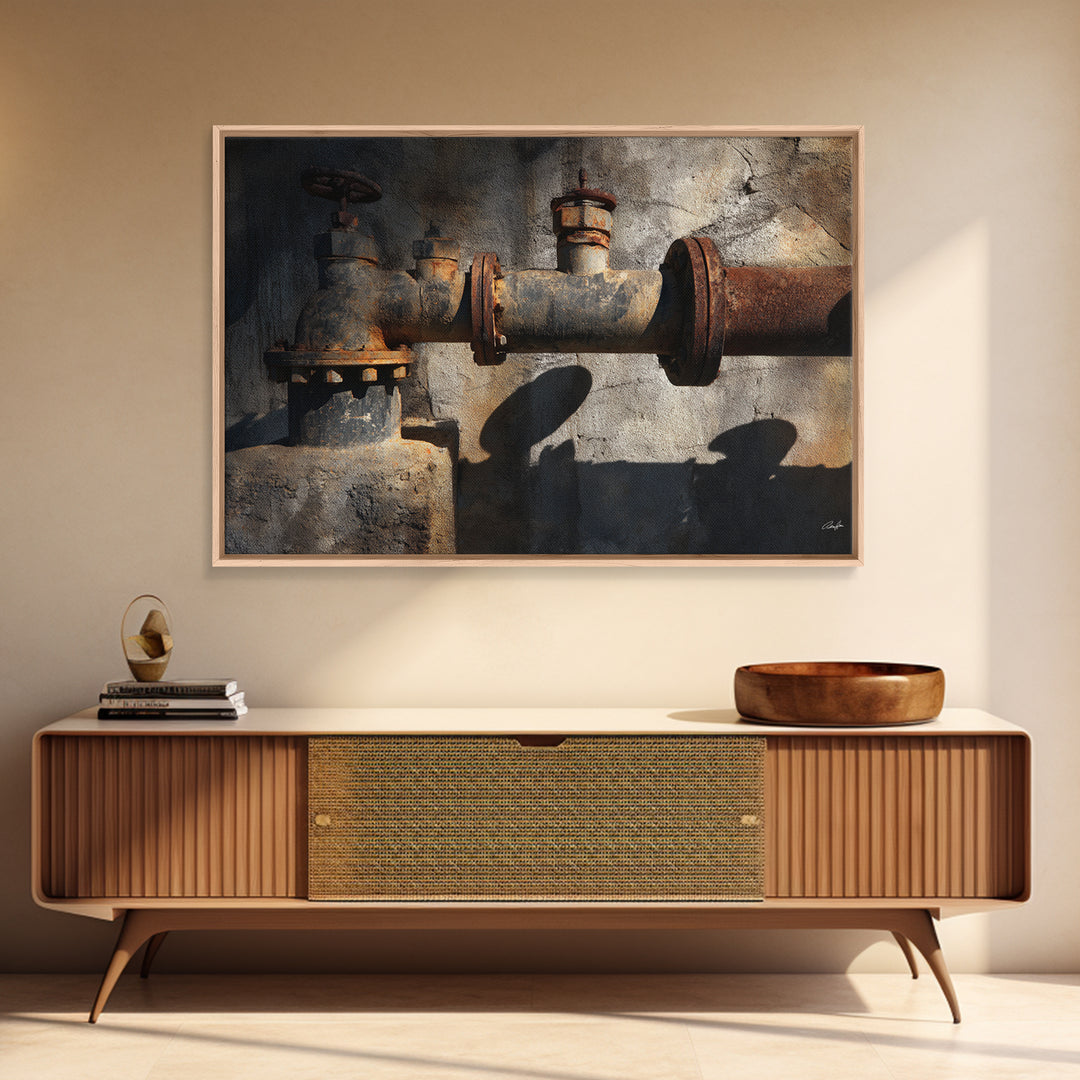 Metal Pipes and Valves as Graphic Composition Framed Canvas Print, Industrial Art, Art Prints, Living Room Decor, Foundry, IND-3x2-60