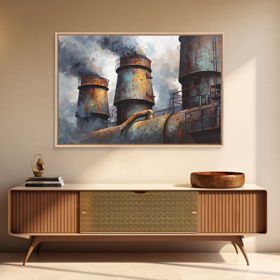Factory Smokestacks with Moody Sky Framed Canvas Print, Industrial Art, Fine Art Print, Living Room Decor, Fine Art, Foundry, IND-3x2-63