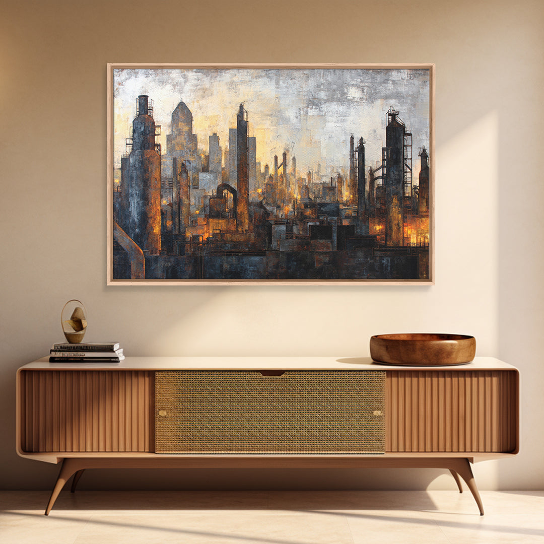 Industrial City Skyline Framed Canvas Print, Industrial Art, Art Print, Living Room Decor, Fine Art, Foundry, Modern Art, IND-3x2-64
