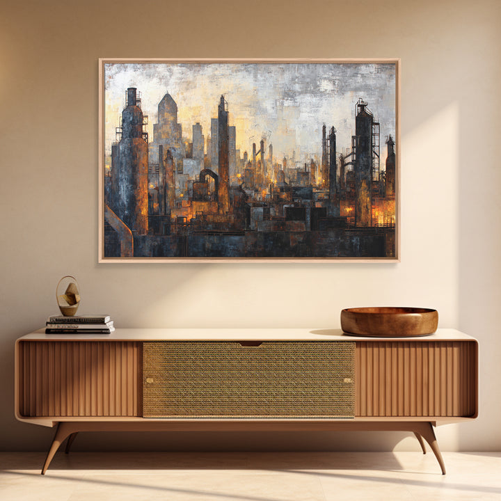 Industrial City Skyline Framed Canvas Print, Industrial Art, Art Print, Living Room Decor, Fine Art, Foundry, Modern Art, IND-3x2-64