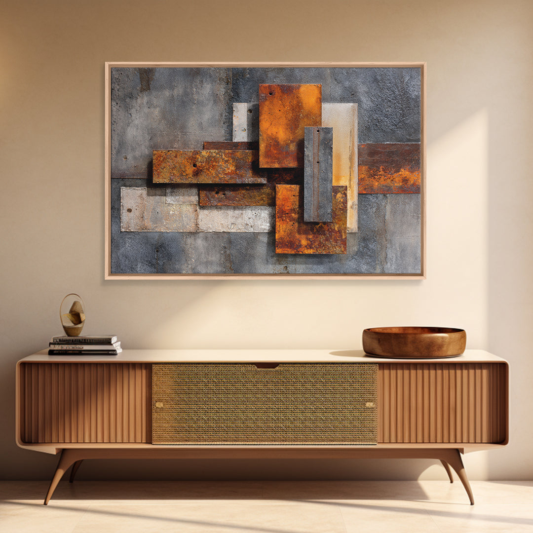 Rust Orange and Charcoal Geometric Abstraction Canvas Print, Industrial Art, Steampunk Decor, Living Room Decor, Abstract Art, IND-3x2-66