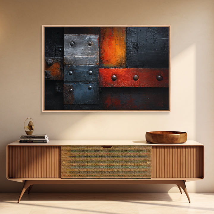 Riveted Metal Panel Texture Study Framed Canvas Print, Industrial Art, Living Room Decor, Oil Painting, Foundry, IND-3x2-74