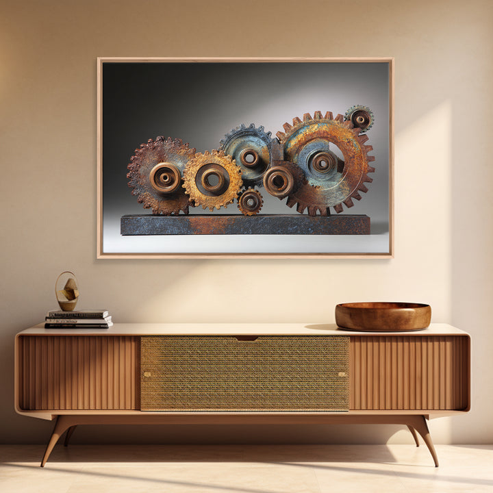 Rusted Gears Arranged as Sculptural Still Life Framed Canvas Print, Industrial Art, Wall Decor, Living Room Decor, Foundry, IND-3x2-77