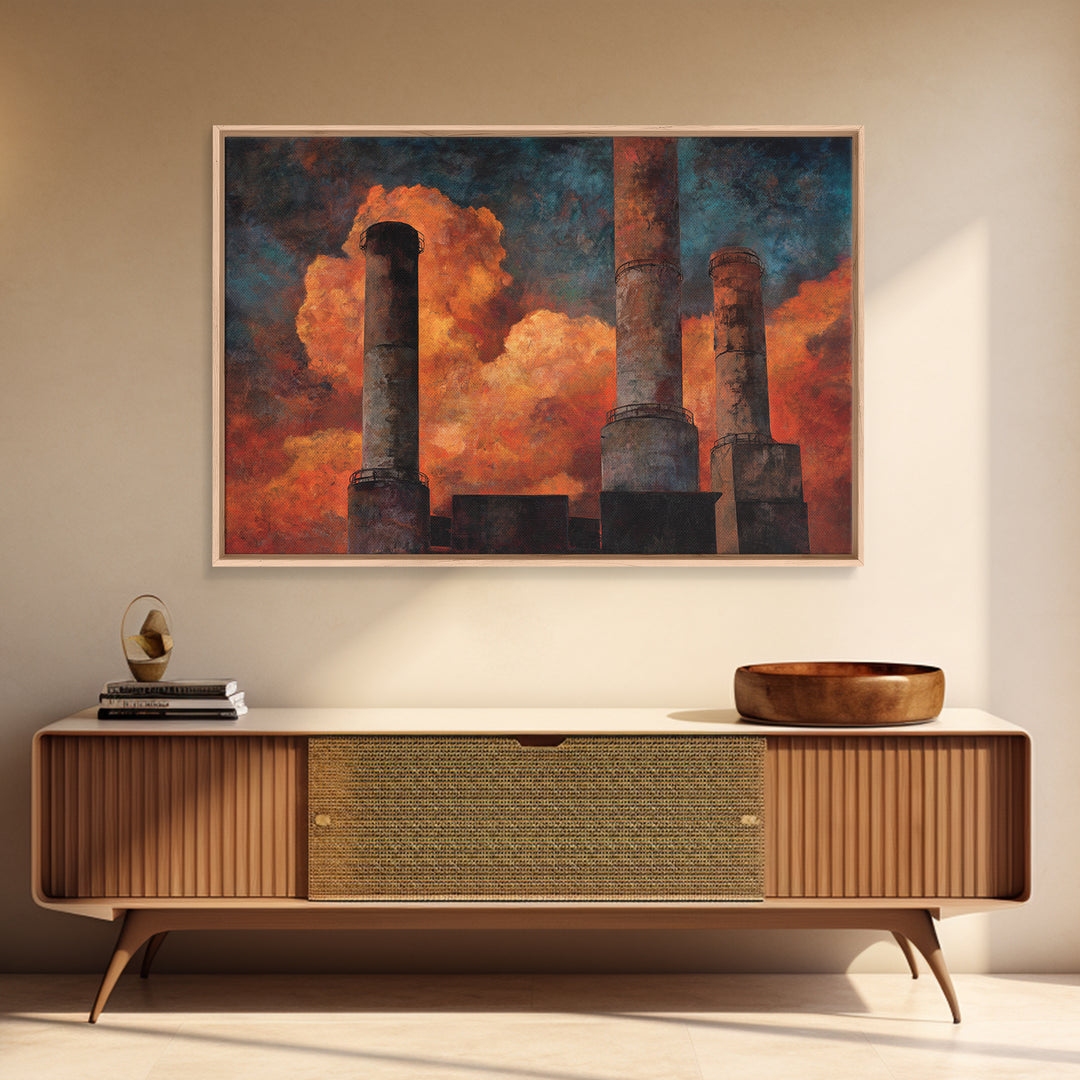 Factory Smokestacks with Moody Sky Framed Canvas Print, Industrial Art, Textured Wall Art, Living Room Decor, Fine Art, Foundry, IND-3x2-87