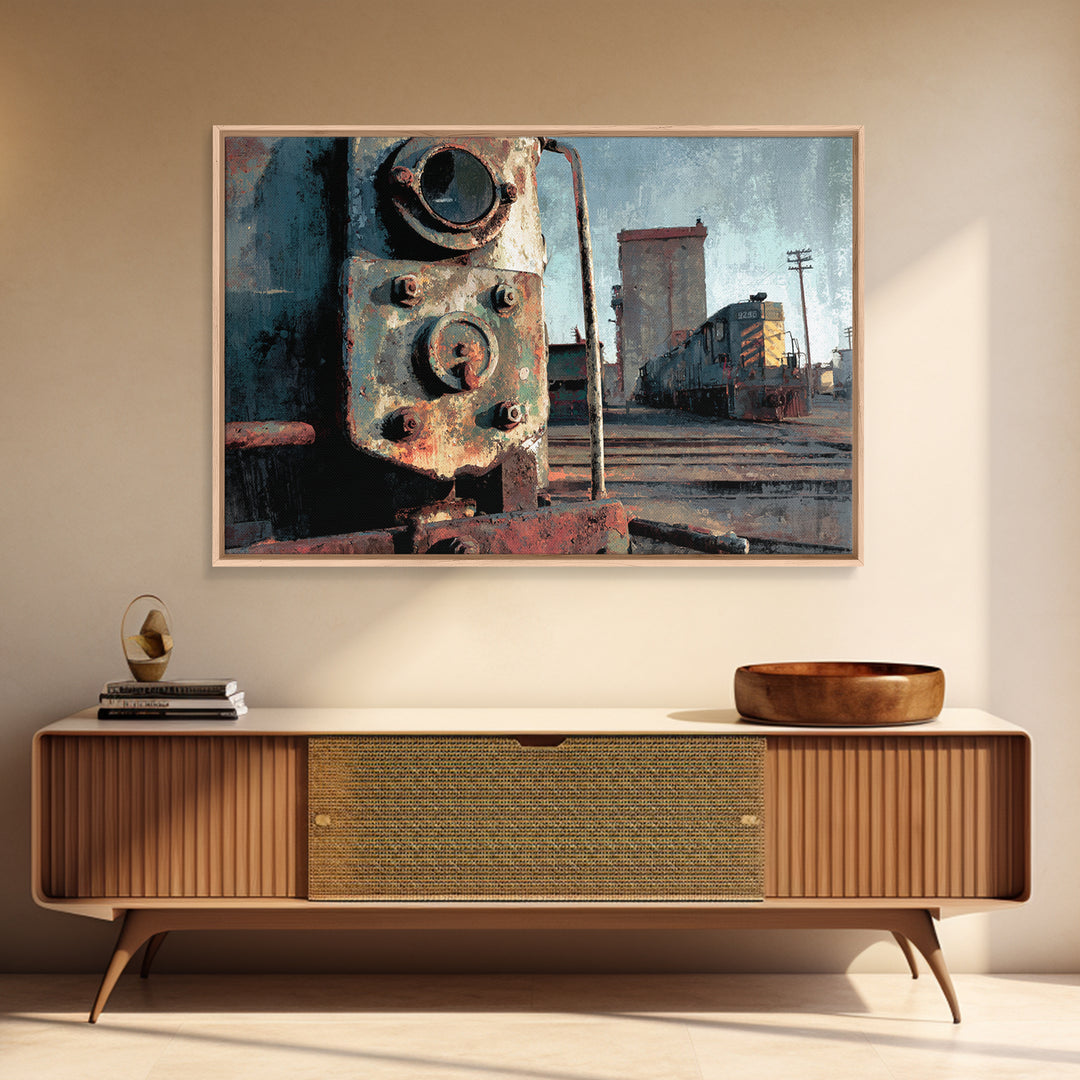 Urban Rail Yard Framed Canvas Print, Industrial Art, Art, Living Room Decor, Watercolor Art, Foundry, Printable Art, IND-3x2-97