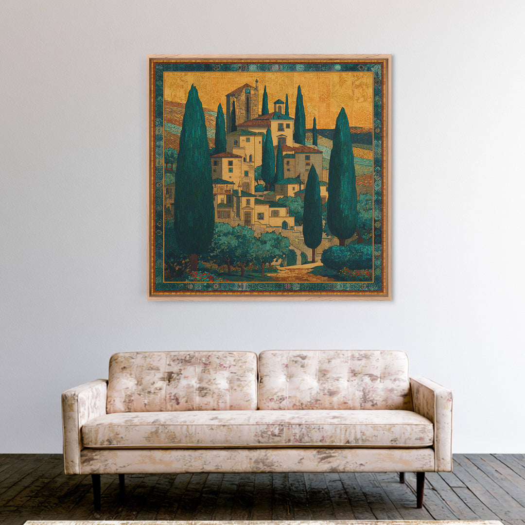 Tuscan Hillside with Cypress Trees and Golden Canvas Print, Italian Villa Art, Farmhouse Wall Art, Living Room Decor, Villa, IVA-1x1-1