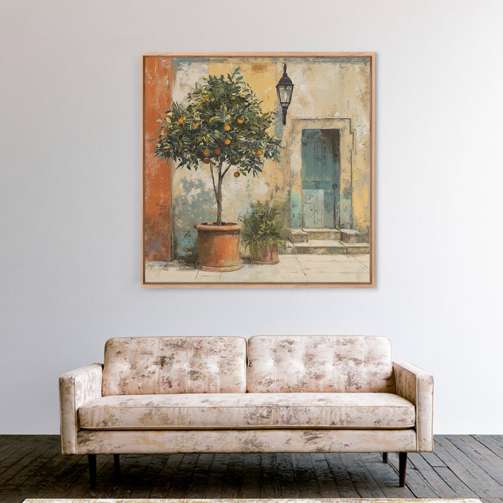 Orange Tree in a Courtyard Planter Canvas Print, Italian Villa Art, Coastal Decor, Living Room Decor, Fine Art, Villa, IVA-1x1-14