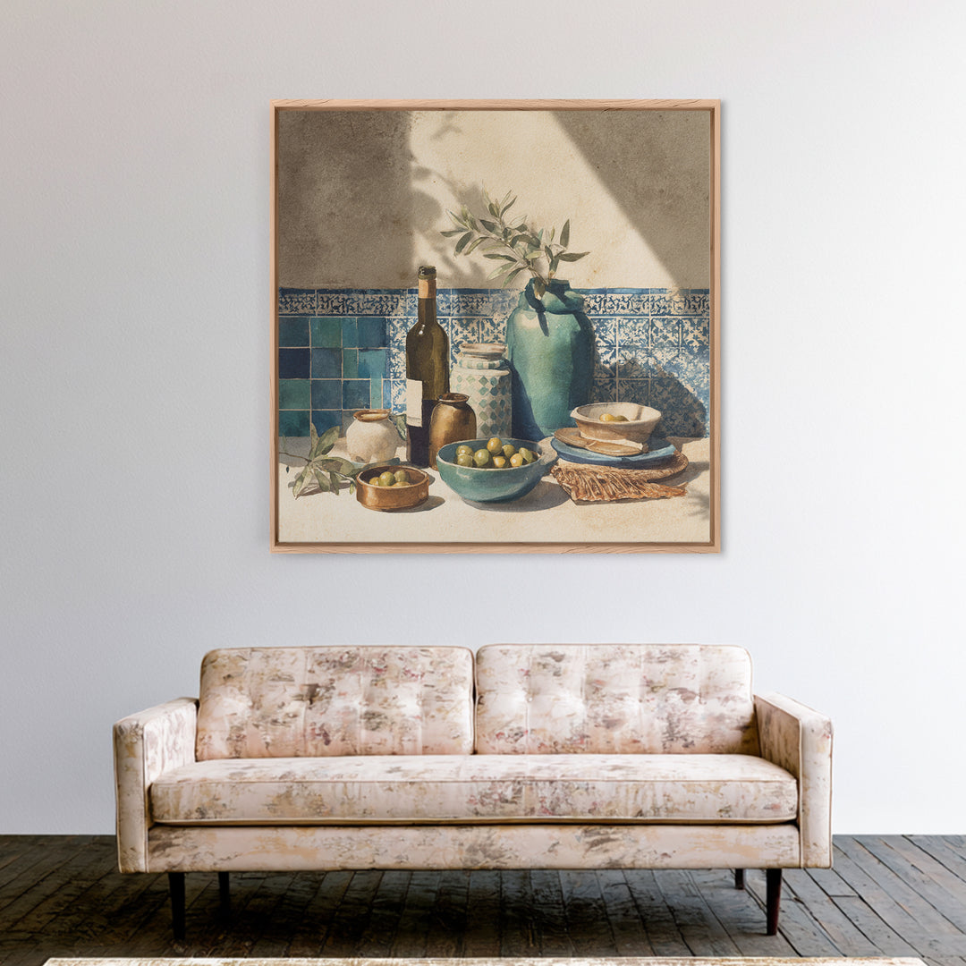 White Wine and Olives Still Life Framed Canvas Print, Italian Villa Art, Farmhouse Wall Art, Living Room Decor, Watercolor Art, IVA-1x1-16