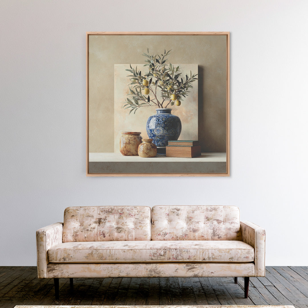 Lemon Branch in Blue Ceramic Vase Framed Canvas Print, Italian Villa Art, Bedroom Wall Art, Living Room Decor, Oil Painting, IVA-1x1-2