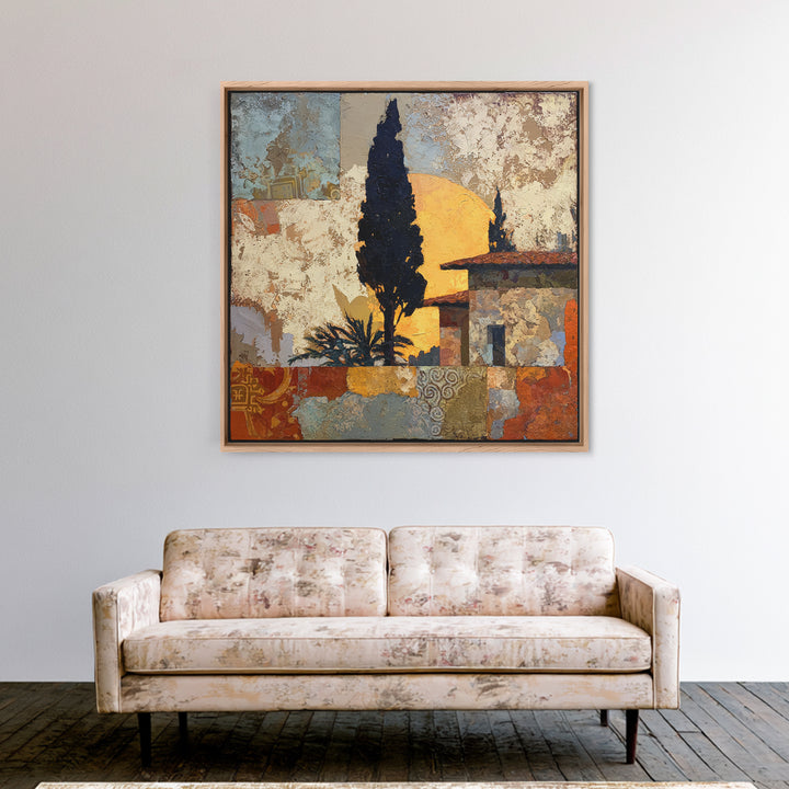 Cypress Silhouette at Sunset Framed Canvas Print, Italian Villa Art, Landscape Painting, Living Room Decor, Fine Art, Villa, IVA-1x1-21