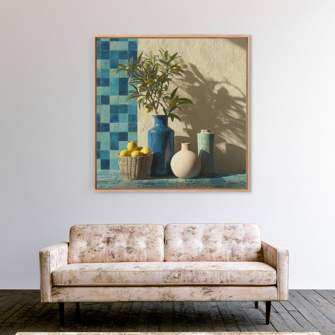 Lemon Branch in Blue Ceramic Vase Canvas Print, Italian Villa Art, Gallery Wall, Living Room Decor, Watercolor Art, Villa, IVA-1x1-26