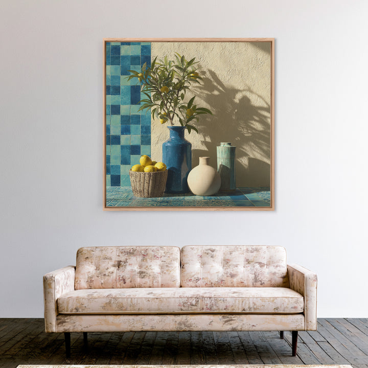 Lemon Branch in Blue Ceramic Vase Canvas Print, Italian Villa Art, Gallery Wall, Living Room Decor, Watercolor Art, Villa, IVA-1x1-26