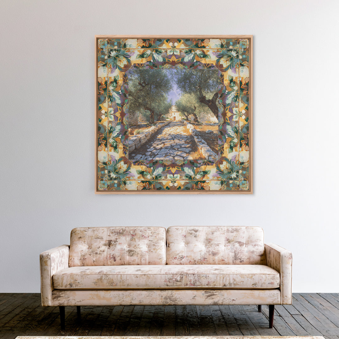 Olive Grove Path Framed Canvas Print, Italian Villa Art, Bedroom Wall Decor, Living Room Decor, Villa, Neutral Wall Art, IVA-1x1-27