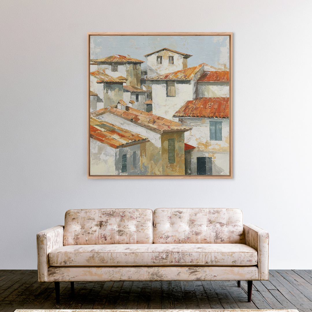 Terracotta Rooftops Against Pale Sky Framed Canvas Print, Italian Villa Art, Printable Art, Living Room Decor, Oil Painting, IVA-1x1-28