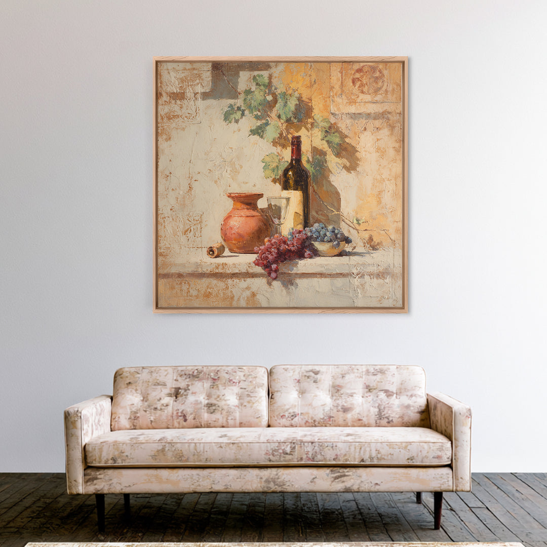 Grapevine and Wine Still Life on Linen Canvas Print, Italian Villa Art, Coastal Wall Art, Living Room Decor, Abstract Art, IVA-1x1-31