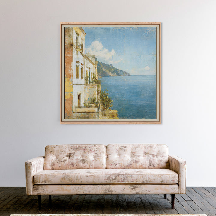 Amalfi Coast Cliffs Framed Canvas Print, Italian Villa Art, Colorful Wall Art, Living Room Decor, Oil Painting, Villa, IVA-1x1-37
