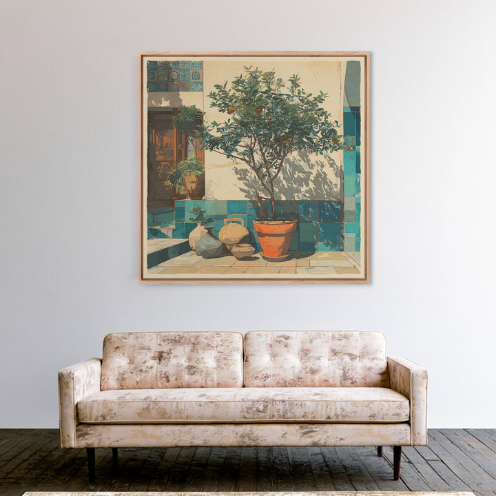 Orange Tree in a Courtyard Planter Framed Canvas Print, Italian Villa Art, Digital Download Art, Living Room Decor, Villa, IVA-1x1-38