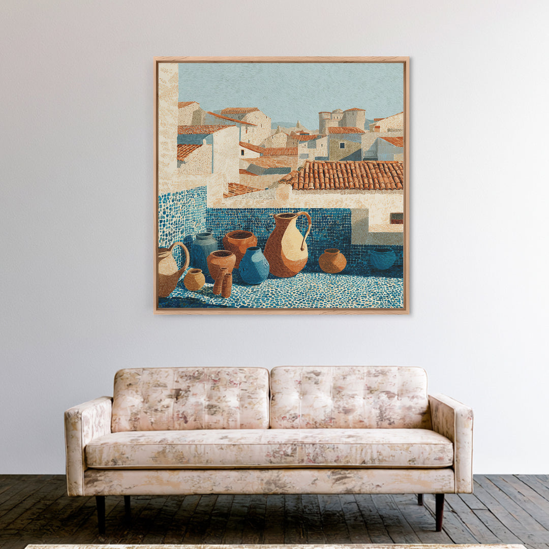 Terracotta Rooftops Against Pale Sky Canvas Print, Italian Villa Art, Wall Art Prints, Living Room Decor, Watercolor Art, Villa, IVA-1x1-4