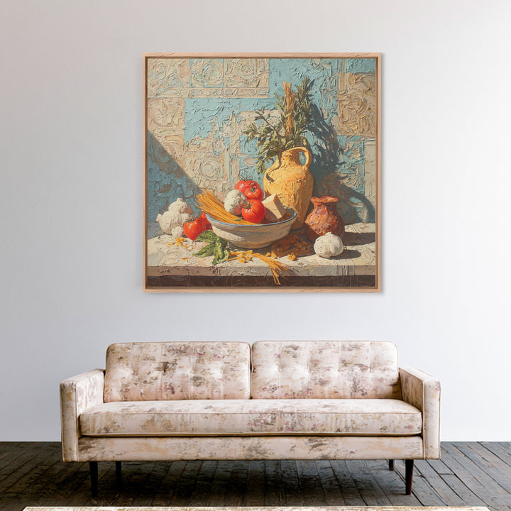 Pasta Herbs and Tomatoes Still Life Framed Canvas Print, Italian Villa Art, Farmhouse Wall Art, Living Room Decor, Oil Painting, IVA-1x1-43