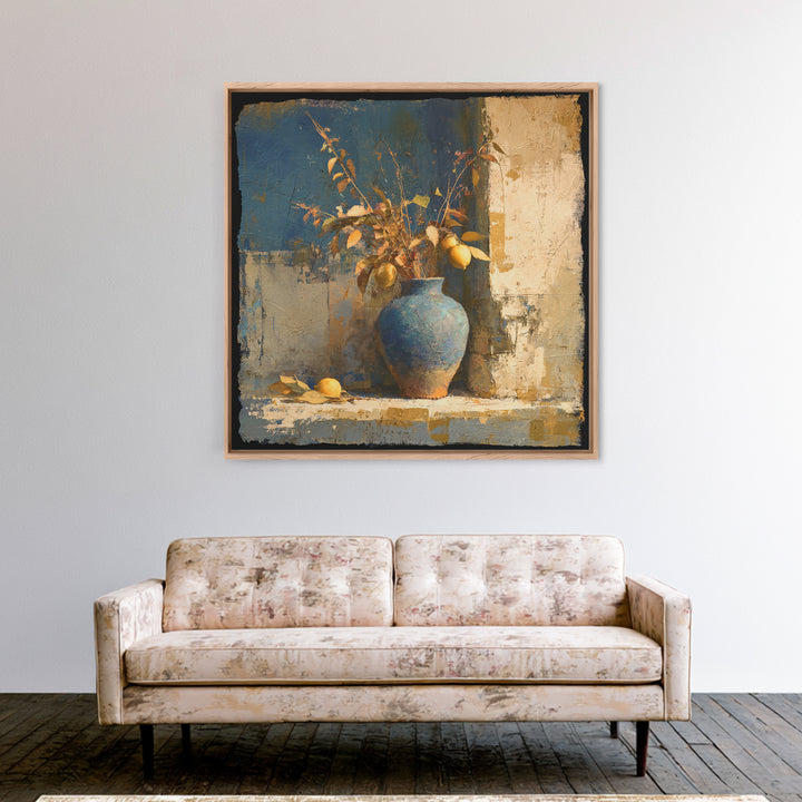 Lemon Branch in Blue Ceramic Vase Canvas Print, Italian Villa Art, Gallery Wall, Living Room Decor, Watercolor Art, Villa, IVA-1x1-50