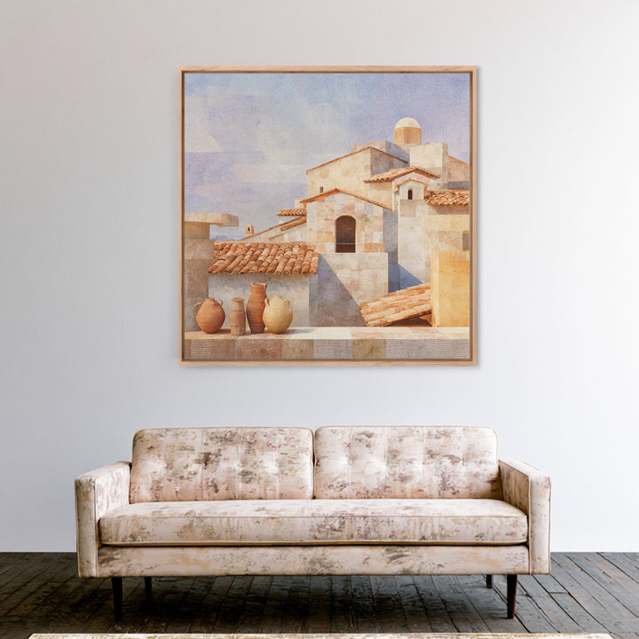 Terracotta Rooftops Against Pale Sky Framed Canvas Print, Italian Villa Art, Colorful Wall Art, Living Room Decor, Villa, IVA-1x1-52