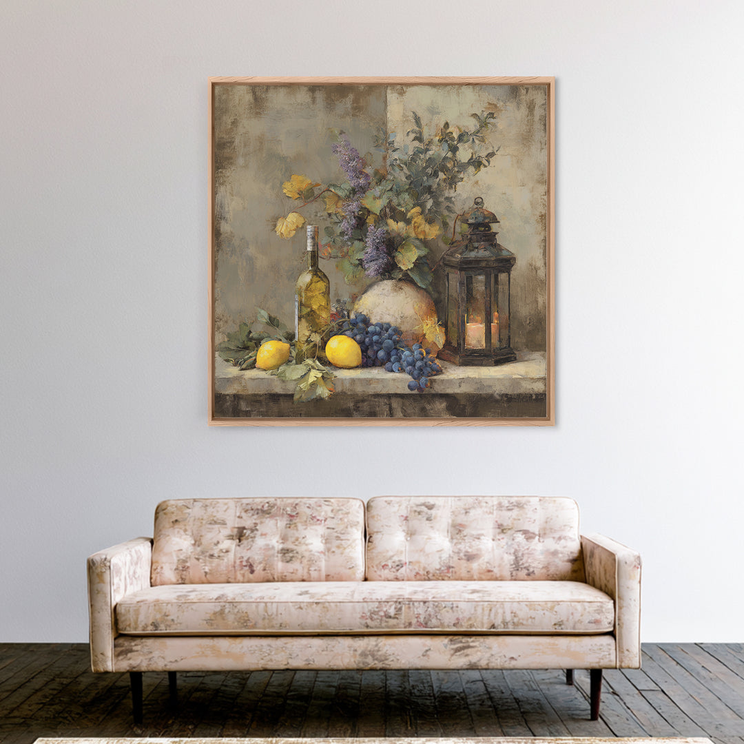 Grapevine and Wine Still Life on Linen Canvas Print, Italian Villa Art, Neutral Wall Art, Living Room Decor, Abstract Art, IVA-1x1-55
