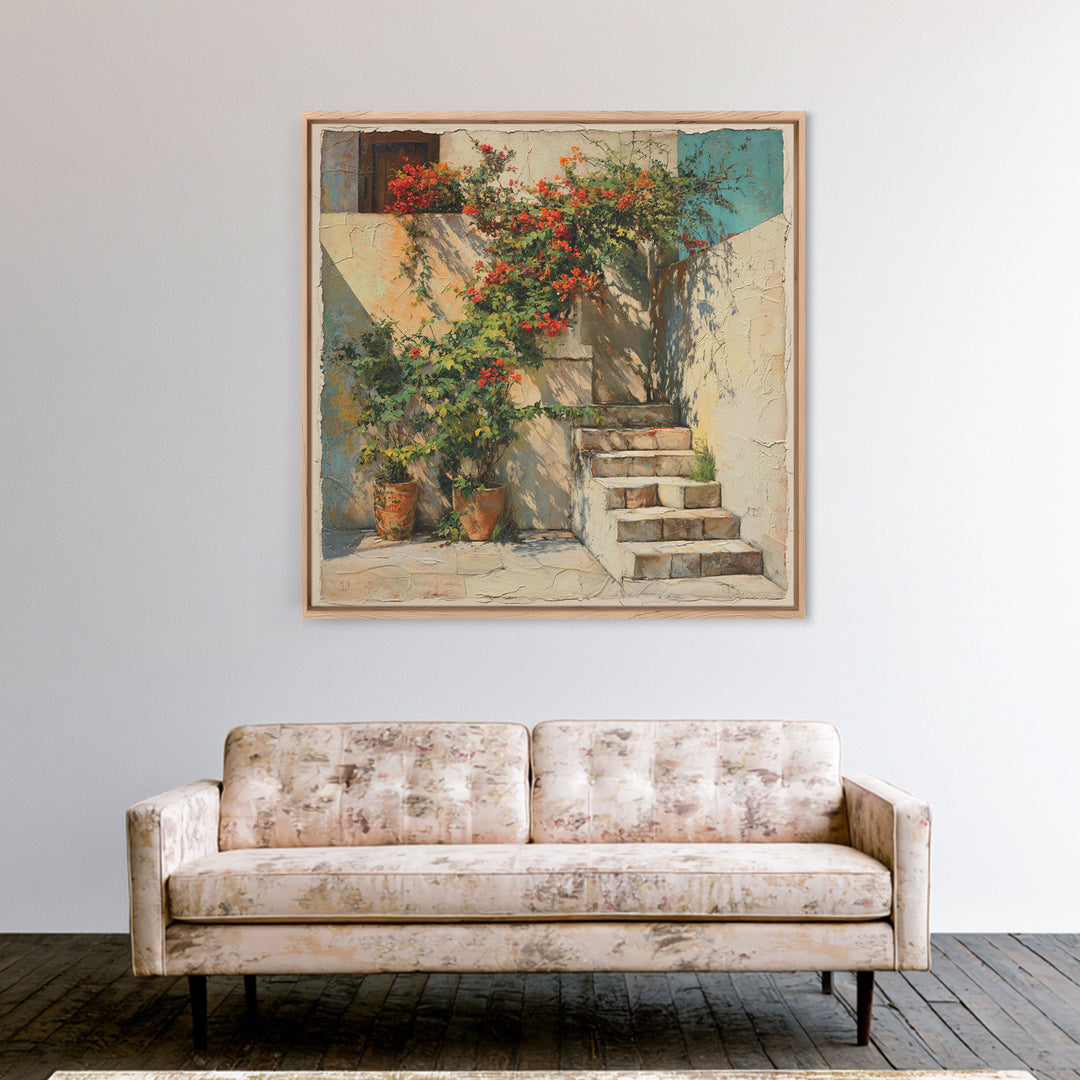 Sunlit Stone Stairway Canvas Print, Italian Villa Art, Rustic Home Decor, Living Room Decor, Fine Art, Villa, Boho Decor, IVA-1x1-59