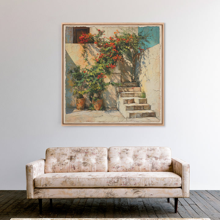 Sunlit Stone Stairway Canvas Print, Italian Villa Art, Rustic Home Decor, Living Room Decor, Fine Art, Villa, Boho Decor, IVA-1x1-59