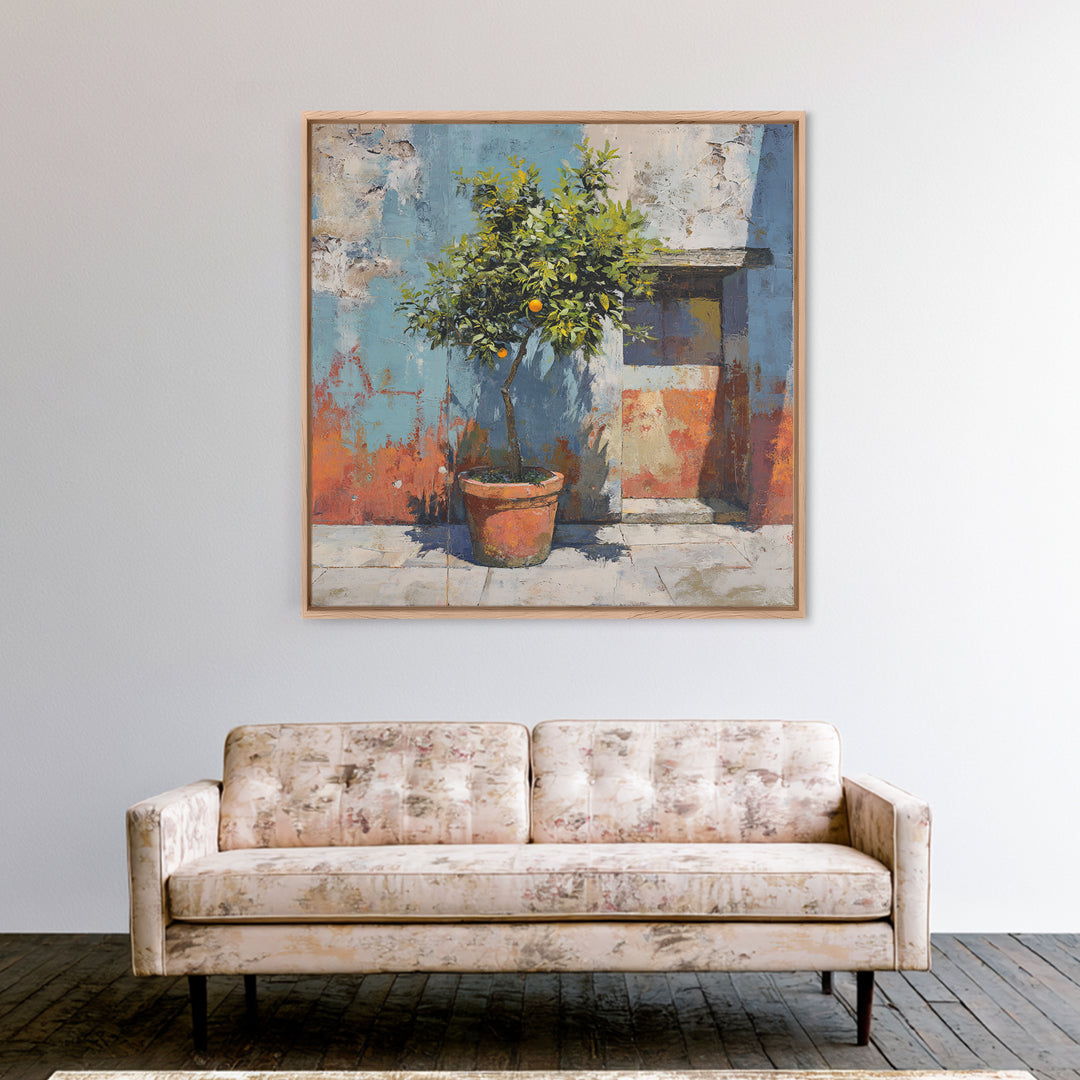 Orange Tree in a Courtyard Planter Framed Canvas Print, Italian Villa Art, Digital Download Art, Living Room Decor, Villa, IVA-1x1-62