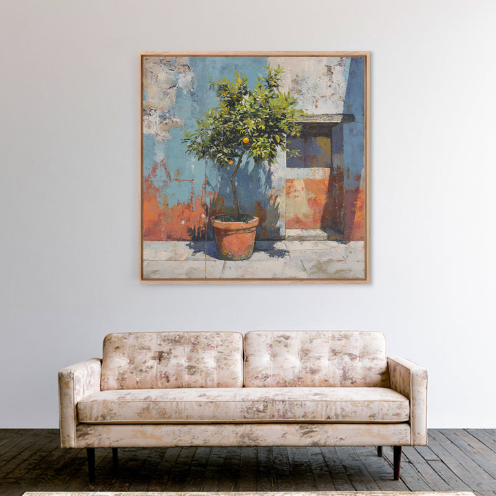 Orange Tree in a Courtyard Planter Framed Canvas Print, Italian Villa Art, Digital Download Art, Living Room Decor, Villa, IVA-1x1-62