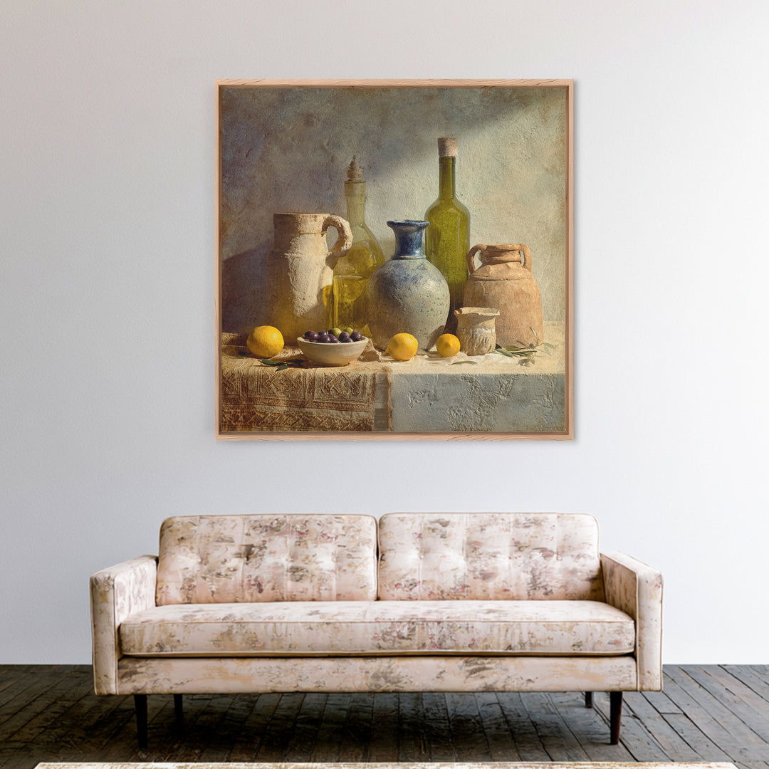 White Wine and Olives Still Life Framed Canvas Print, Italian Villa Art, Farmhouse Wall Art, Living Room Decor, Fine Art, Villa, IVA-1x1-64