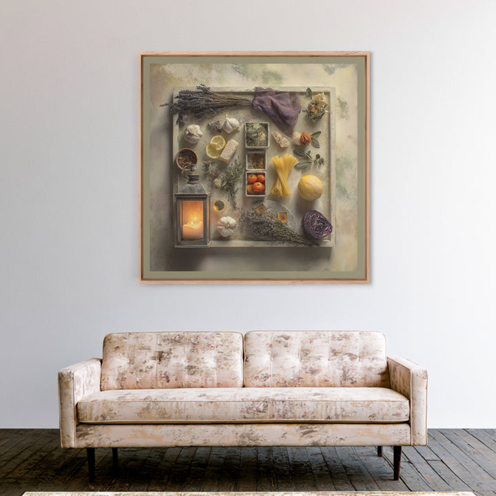 Pasta Herbs and Tomatoes Still Life Framed Canvas Print, Italian Villa Art, Digital Art Print, Living Room Decor, Villa, IVA-1x1-67
