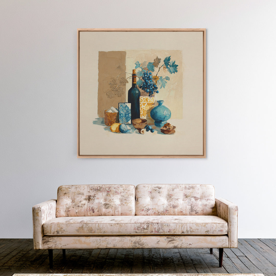 Grapevine and Wine Still Life on Linen Framed Canvas Print, Italian Villa Art, Printable Art, Living Room Decor, Villa, IVA-1x1-7