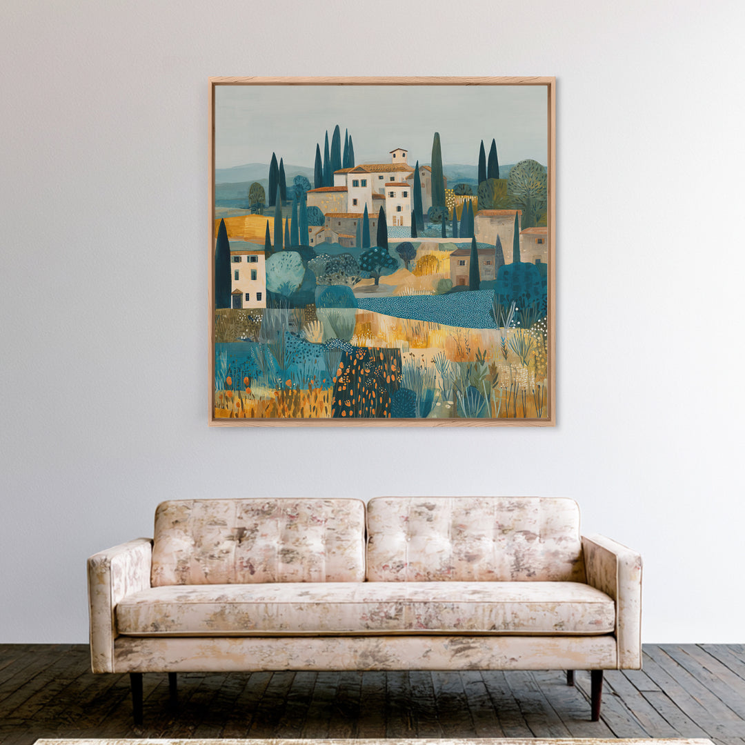 Tuscan Hillside with Cypress Trees and Golden Canvas Print, Italian Villa Art, Digital Art Print, Living Room Decor, Villa, IVA-1x1-73
