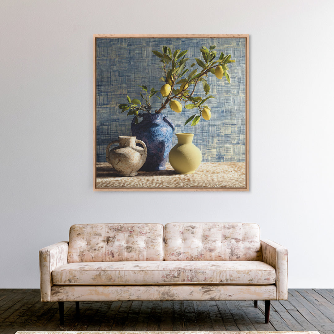 Lemon Branch in Blue Ceramic Vase Framed Canvas Print, Italian Villa Art, Gallery Wall Set, Living Room Decor, Watercolor Art, IVA-1x1-74