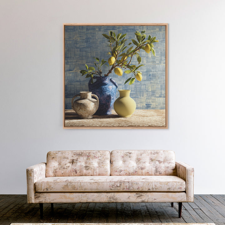 Lemon Branch in Blue Ceramic Vase Framed Canvas Print, Italian Villa Art, Gallery Wall Set, Living Room Decor, Watercolor Art, IVA-1x1-74