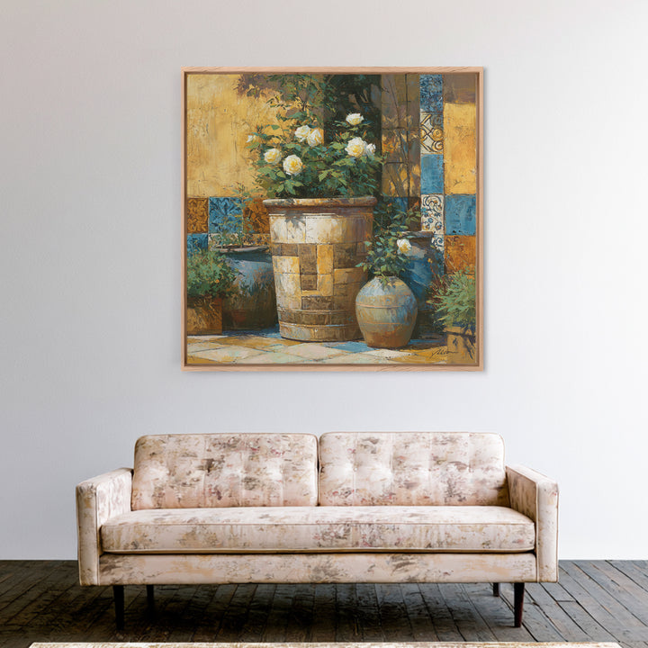 Italian Villa Garden Urn Framed Canvas Print, Italian Villa Art, Travel Poster, Living Room Decor, Villa, Fine Art Print, IVA-1x1-78
