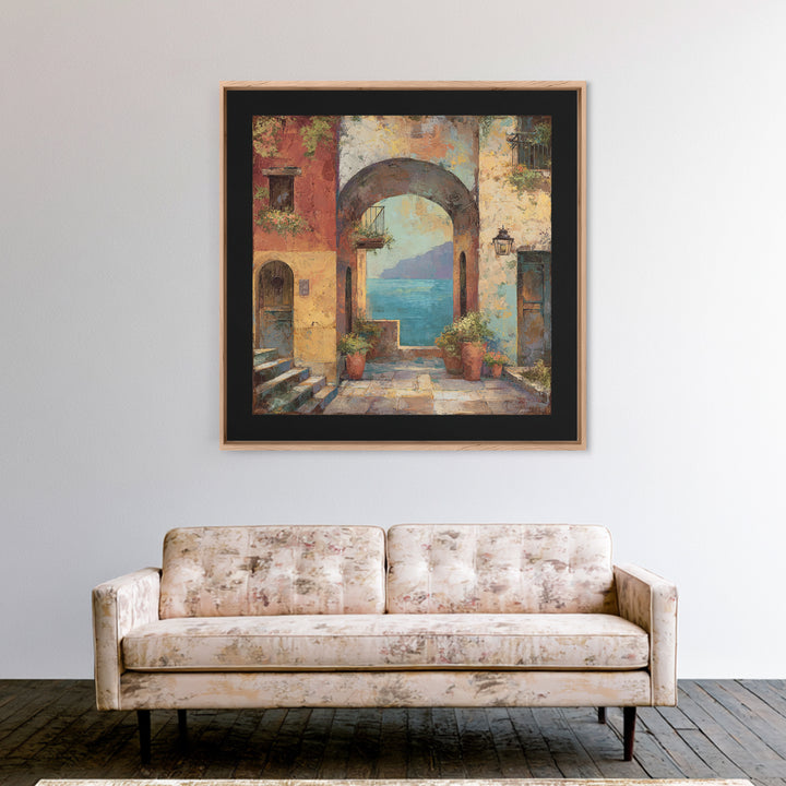 Mediterranean Arch Framing Blue Sea Framed Canvas Print, Italian Villa Art, Home Decor, Living Room Decor, Fine Art, Villa, IVA-1x1-80