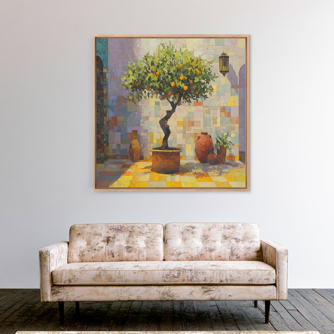 Orange Tree in a Courtyard Planter Canvas Print, Italian Villa Art, Rustic Home Decor, Living Room Decor, Fine Art, Villa, IVA-1x1-86