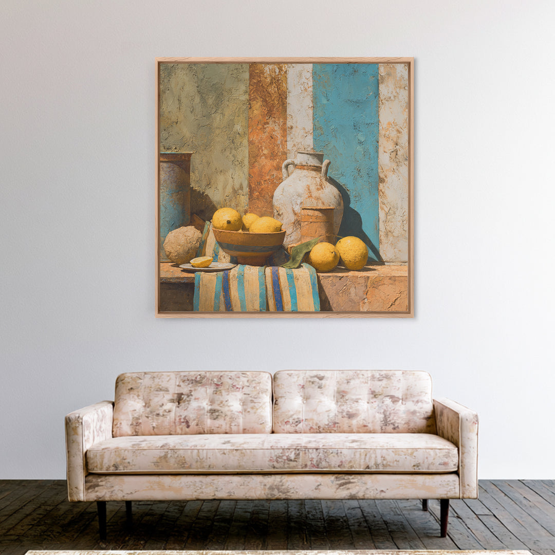 Coastal Lemons and Striped Cloth Arrangement Canvas Print, Italian Villa Art, Printable Wall Art, Living Room Decor, Villa, IVA-1x1-96