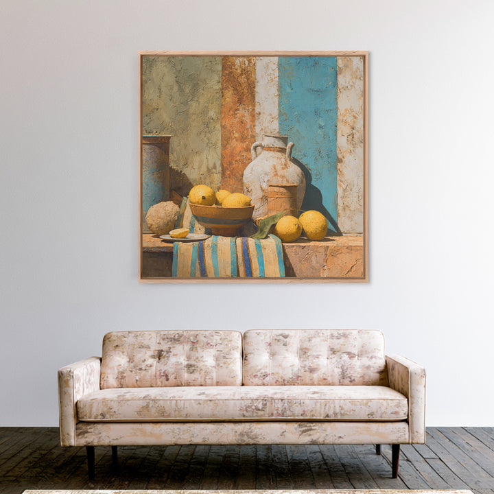 Coastal Lemons and Striped Cloth Arrangement Canvas Print, Italian Villa Art, Printable Wall Art, Living Room Decor, Villa, IVA-1x1-96